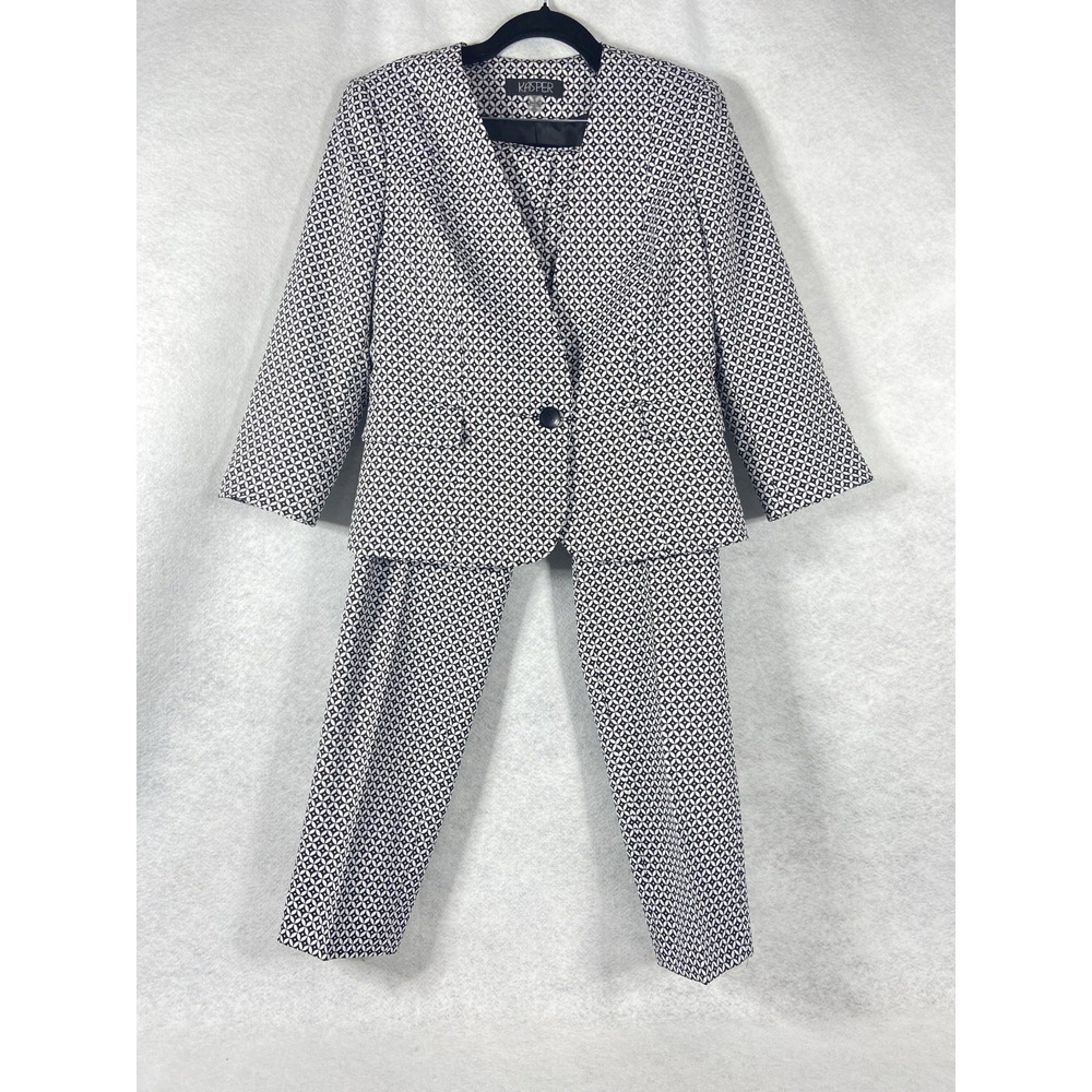 Kasper 2PC Pants Suit Women's 6 Black White Blazer Button Geometric Long Sleeves